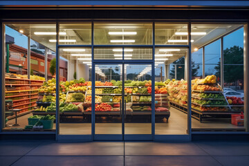 Modern grocery storefront, vibrant produce display, city street view. - obrazy, fototapety, plakaty
