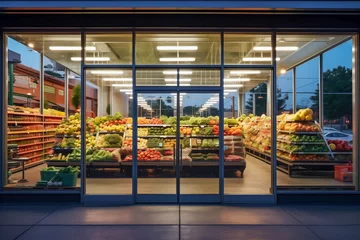 Fotobehang Modern grocery storefront, vibrant produce display, city street view. © Pics_With_Love