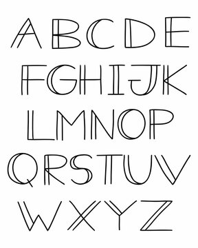 Old school wide black english alphabet abc latin font A to Z collection. Vector illustration in doodle hand drawn style isolated on white background. For naming, kids book, design, card, learning.