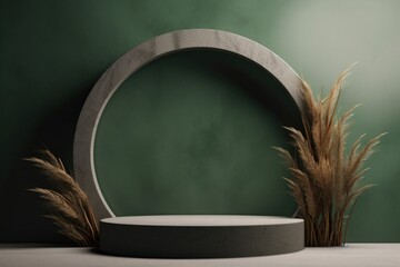 marble podium with stone arch. behind is dried flower pampas grass. against the background of a muted green wall in textured plaster