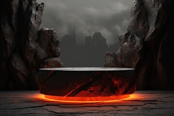 a round stone podium on top of a cliff with neon lighting or hot lava inside. minimalist design with white steam or smoke to display fashion products