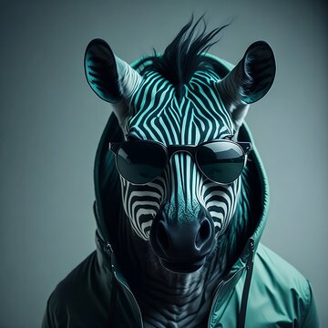 Zebra Swagger in a Trendy Green Hoodie and Sunglasses Strikes a Pose Against a Plane Green Canvas. Generative ai.