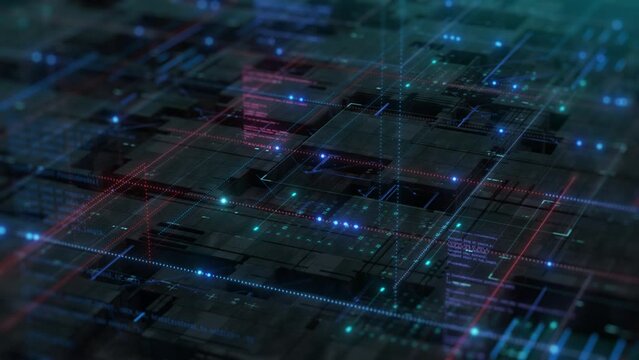Abstract futuristic data network with programming code, concept of neural network, cloud computing, big data, digital data processing, ai, software development (3d render)
