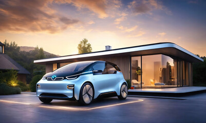Fototapeta na wymiar Electric futuristic car parked with charging station in a modern ecological eco house with solar green power panels, glass home technology. Renewable energy concept. future technologie. Generative ai
