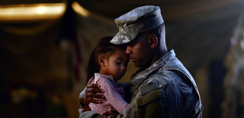 A Heartwarming Moment Captures the Affectionate Reunion Between a Military Father and His Daughter. A military father with his daughter hugging each other - obrazy, fototapety, plakaty