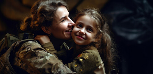 A Heartwarming Moment Captures the Affectionate Reunion Between a Military Mother and Her Daughter. A military Mom with her daughter hugging each other - obrazy, fototapety, plakaty