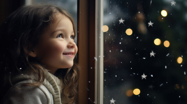 Child with a joyful gaze at snowflakes, warm indoors, festive lights blur in the winter night