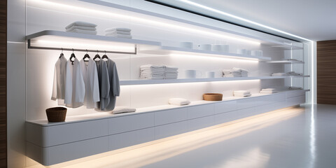 
A minimalist white dressing room with vacant shelves and a sleek, uncluttered design. Bright LED strips illuminate the crisp white cabinetry