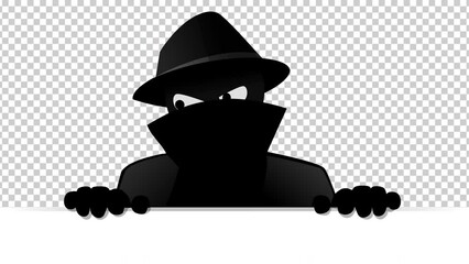 Animation loop of a criminal on the lookout looking to the right, then the left posted on the top of a white panel with transparency and alpha channel