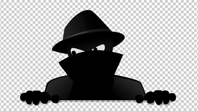 Animation loop of a criminal on the lookout looking to the right, then the left posted on the top with transparency and alpha channel
