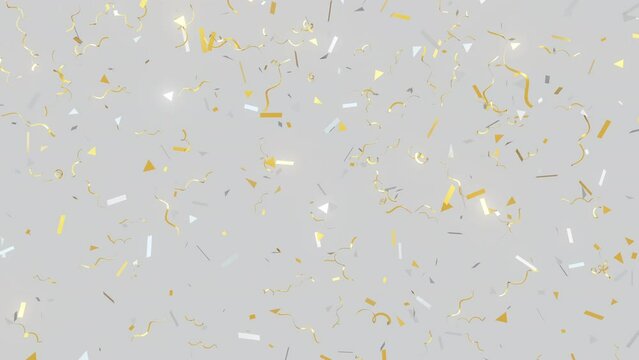 Golden flickering confetti party popper falling on light background, 4K greeting holiday animated wallpaper