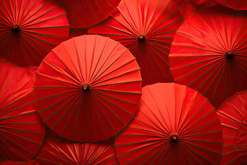 Background of a bunch of red umbrellas for chinese new year created with generative AI technology - obrazy, fototapety, plakaty