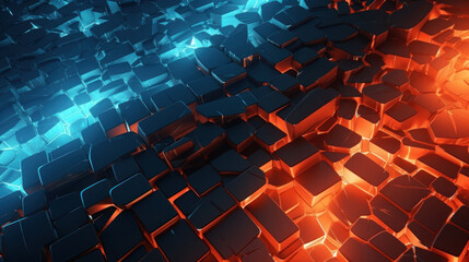 Abstract 3D blocks in contrasting orange and blue tones with a glowing fracture - obrazy, fototapety, plakaty