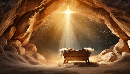 Inside the cave with empty wooden manger. Birth of Jesus Christ. - obrazy, fototapety, plakaty