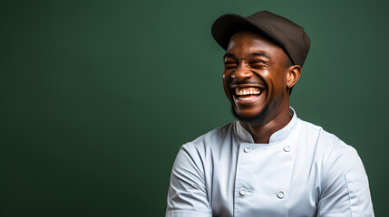 Portrait of a smiling african american male chef isolated on solid green background. Banner, copy space