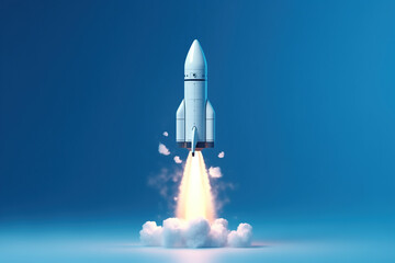 Rocket taking off isolated on blue background, 3D illustration