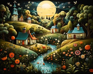 rural village river full moon illustrated lawn evokes delight tiny villagers - obrazy, fototapety, plakaty