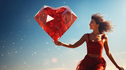 Active pursuit of love as a woman reaches for a red diamond heart. An active to lifestyle, portraying joy, vitality, and the emotional freedom that comes with embracing love and fitness.