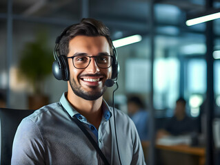 Portrait of a man in glasses and headset in the office. 
