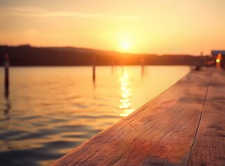 Beautiful sunset over a tranquil lake with a wooden pier in the foreground.