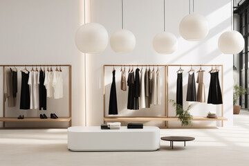 Modern clothing store interior with white walls, wooden shelves, and hanging lamps.
