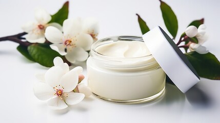 Obraz na płótnie Canvas whitening and moisturizing Face cream in an open glass jar and flowers on white background. Set for spa, skin care and body products and solutions for skin problems such as scars, acne, wrinkles.