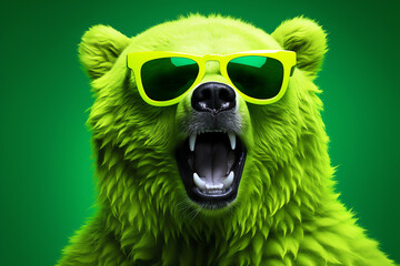 green bear with sunglasses party dj - obrazy, fototapety, plakaty