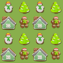 Seamless pattern of Christmas gingerbread cookies with icing on a green background