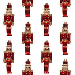 Repeating pattern of a Nutcracker soldier toy on a white background. Christmas pattern