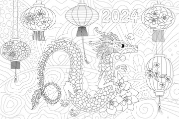 coloring book page for adults and children. dragon with flowers