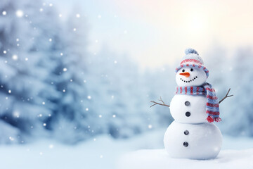 Naklejka na ściany i meble Snowman in a hat and scarf in the snow. Generative Ai