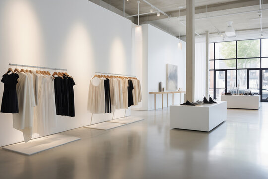 Modern clothing store interior with black and white clothes on racks and shoes on display.