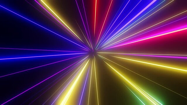 3d animation of abstract background with ascending colorful neon glowing lines, glowing trails