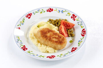 mashed potato with cutlet and salad