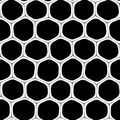 A bold black and white seamless abstract pattern featuring a honeycomb motif in a mesh-like design on black backdrop