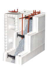 Fragment of thermal house technology, construction of concrete walls in permanent formwork made of polystyrene foam blocks. - 679288794