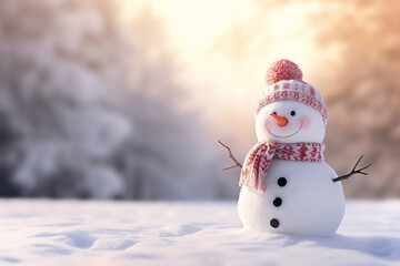 Snowman in a hat and scarf in the snow. Generative Ai