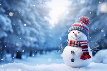 Fototapeta premium Snowman in a hat and scarf in the snow. Generative Ai