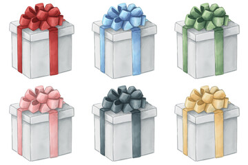 Set of Paintings: a white gift box tied with pastel bow elements for decorating New Year, Christmas or birthday