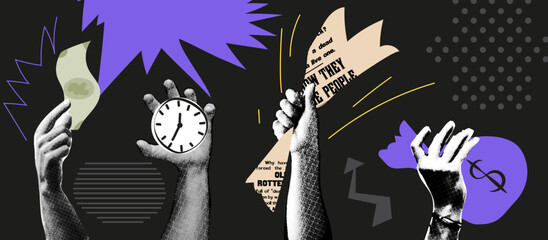 Collage with halftone-style hands.Vector illustration. Punk metaphor composition. Finance-themed banner with money,clock and  newspaper. 