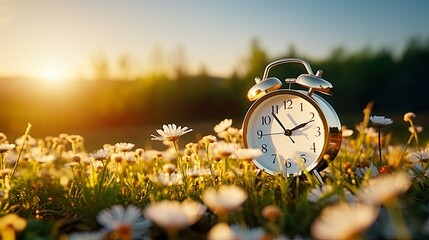 Concept, daylight saving time. Sommer time, winter time, changeover, switch of time. Sommer or winter time. Clock as a timer for celebrations. Spring flowers, grass, blue sky, green trees. - obrazy, fototapety, plakaty