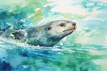 Fototapeta premium A playful otter floating on its back, with a watercolor background featuring shades of blue and green to create the illusion of water