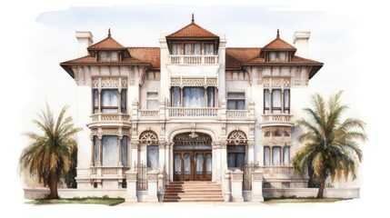 Fototapeta na wymiar Luxurious Mansion with Palm Trees Watercolor Illustration