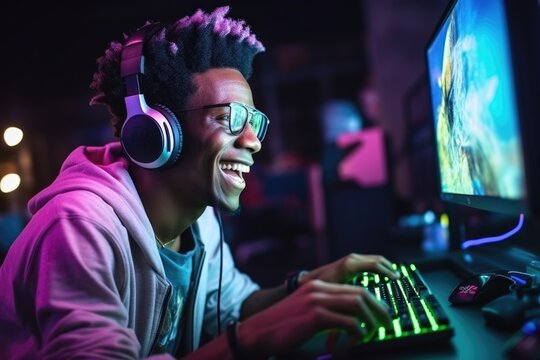 Happy Professional Male Gamer Playing Video Games On Personal Computer Wearing Gaming Headset