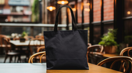 Generative AI, Realistic black tote canvas fabric bag set-up in at cafe, coffee shop interior, mock up blank.	 - obrazy, fototapety, plakaty