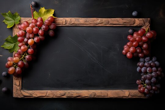 a blackboard and some grapes on black background Generative Ai