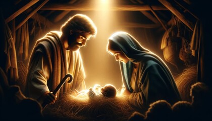 Nativity Scene with Radiant Light, Joseph and Mary Adoring Newborn Jesus in a Humble Stable