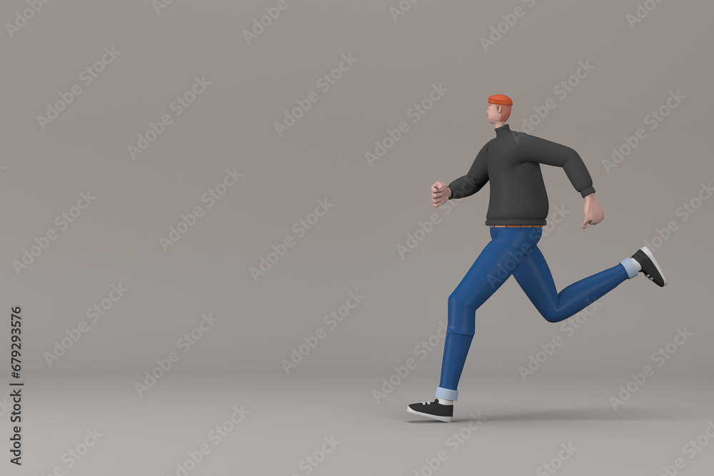 Sticker Man in casual clothes making gestures while pushing or running. 3D rendering of a cartoon character