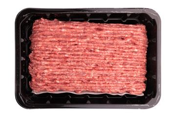 minced meat of pork and beef in black plastic tray, raw fresh forcemeat performance for lasagna isolated on white background with clipping path, packaging design for mock up