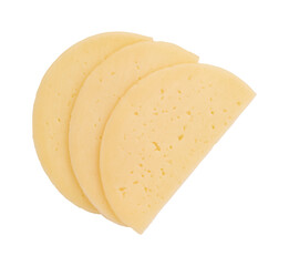 folded slices of cheese isolated on white background with clipping path, round slices of salami cheese laid out to create layout, cheese cut into pieces